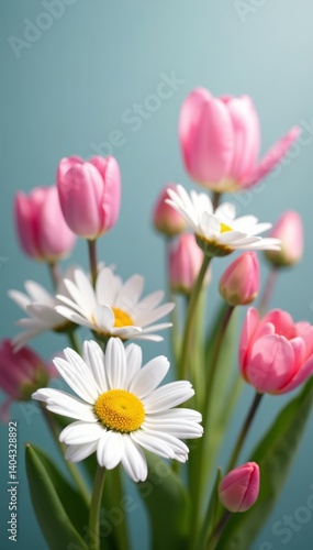 Delicate daisies and tulips in pastel colors for wallpaper, pattern, vector art