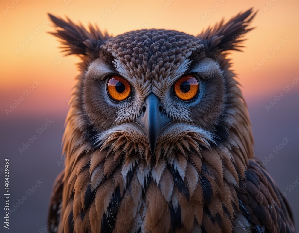 Obraz premium A captivating close-up of a majestic owl, showcasing its striking orange eyes that gleam with intelligence. The intricate feather patterns and soft textures add depth to its wise expression.