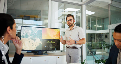 Businessman, screen or meeting with discussion for climate change, renewable energy or development at office. Man, employee or speaker with geographic data or technology display for global project