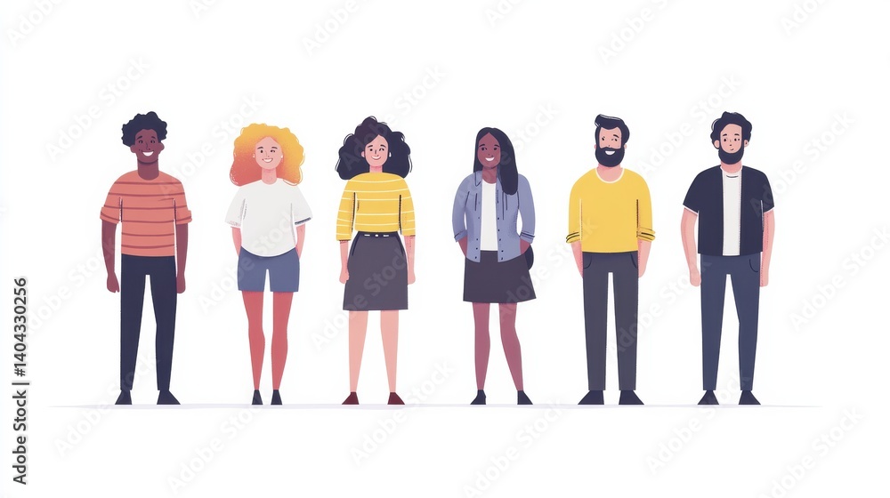Fototapeta premium Diverse Group of Young Adults Standing Together in a Modern Flat Illustration Style