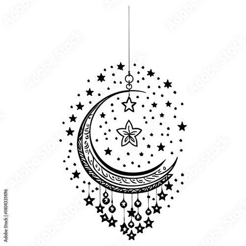 Crescent Moon and Stars Ornamental Dangle Art