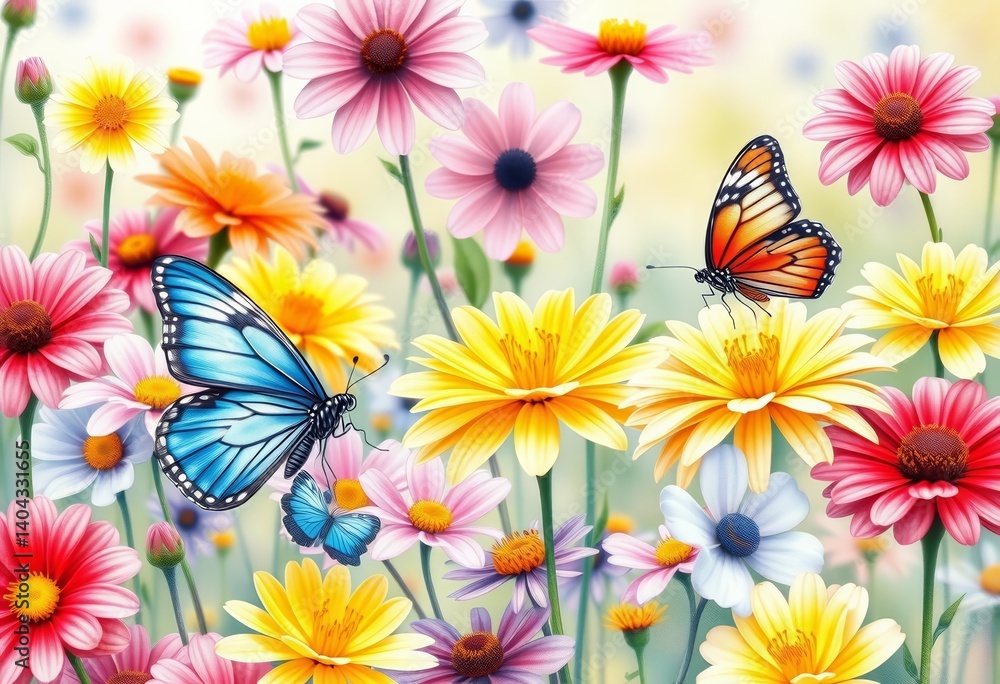 Obraz premium Delicate watercolor painting of colorful butterflies amidst blooming flowers; spring/summer garden scene, flower painting, insect art