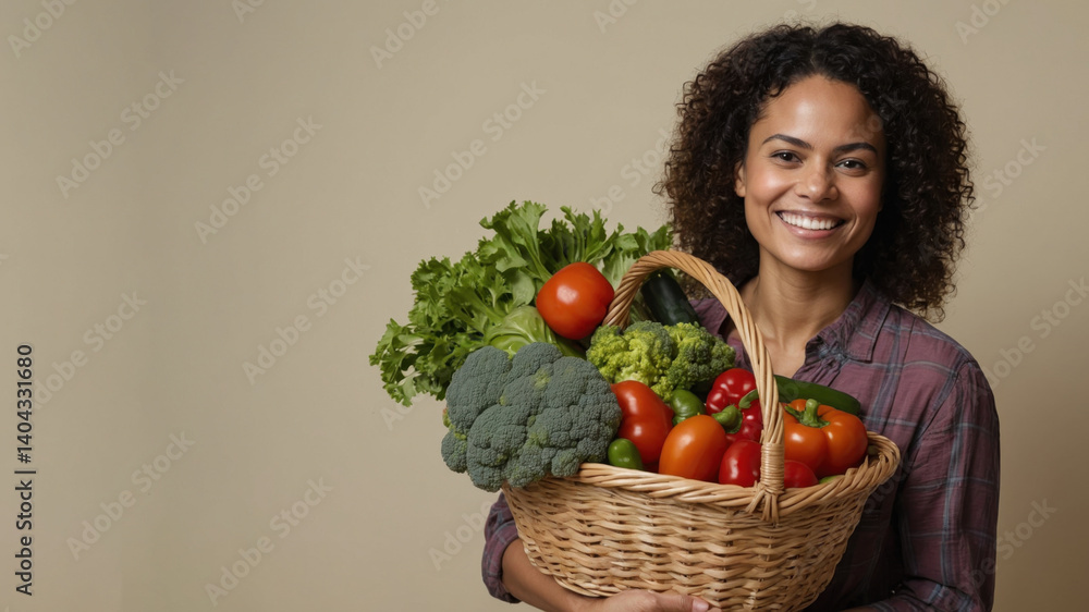 A woman holding a basket of fresh vegetables against a subtle cream background with copy space. A woman holding a basket of fresh vegetables against a subtle cream background with copy space.