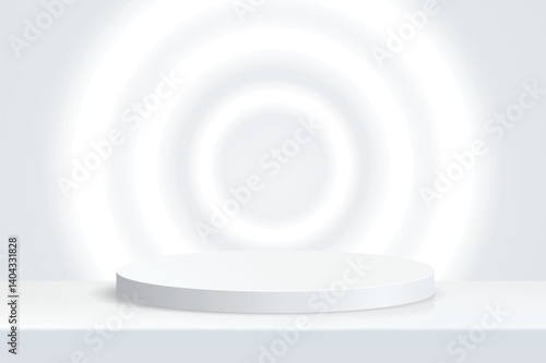 3D Empty Studio wall room with cylinder pedestal podium and lighting minimal backdrop. Display pedestal mockup scene stage for presentation product cosmetic, stand, showcase, exhibition. Vector
