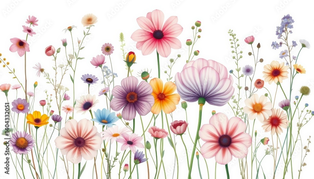 Obraz premium Delicate watercolor wildflowers, various species, soft hues, abundant blossoms, white background, floral, flowers