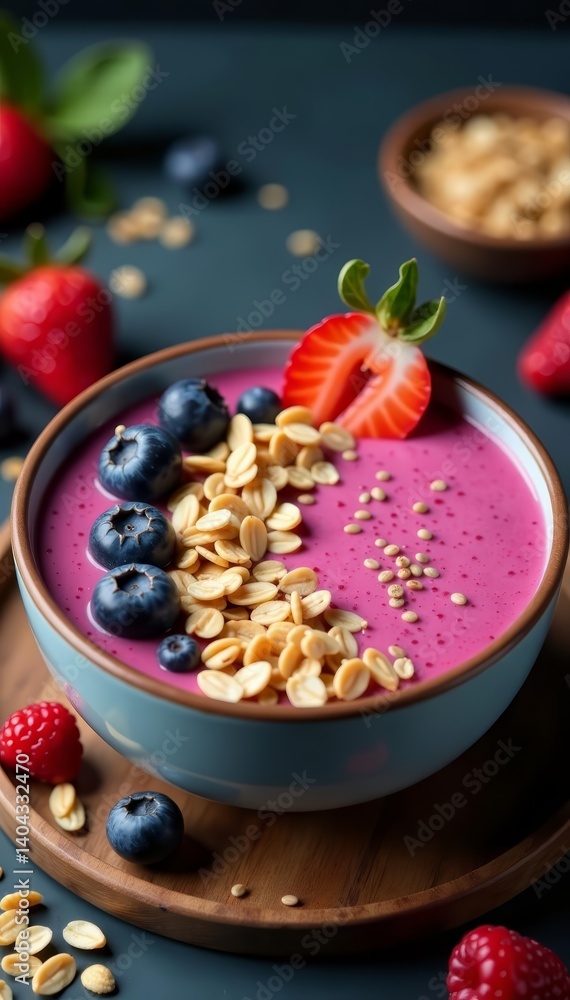 Fototapeta premium Delicious and refreshing smoothie bowl with granola, chia seeds, and berries, plant-based, smoothie bowl
