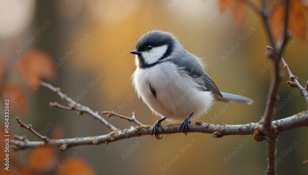 Long-tailed Tit bird perched on tree branch in autumn forest. Aegithalos caudatus. Beautiful bird with grey-white plumage, black mask, sits peacefully, looks around. Avian wildlife portrait, nature Long-tailed Tit bird perched on tree branch in autumn forest. Aegithalos caudatus. Beautiful bird with grey-white plumage, black mask, sits peacefully, looks around. Avian wildlife portrait, nature