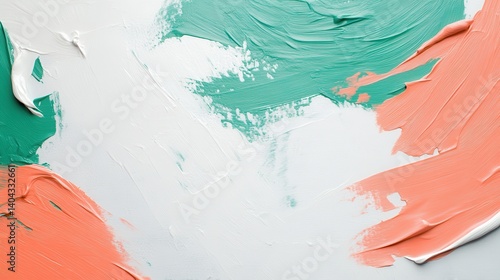Abstract Painting Texture with Green, Coral, and White Paint Strokes on Canvas Surface