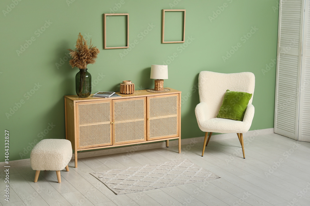Wooden chest of drawers, soft armchair and pouf near green wall in room