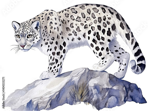 Snow Leopard Illustration On A Rock in Watercolor Style Isolated on Transparent Background