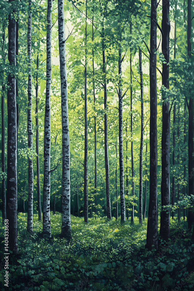 Naklejka premium Serenity and Majesty of an Untamed Green Forest Aiming to Capture Nature's Pristine Beauty in an Unspoiled Woodland Setting Bathed in Natural Light and Enriched by Earth's Aromas