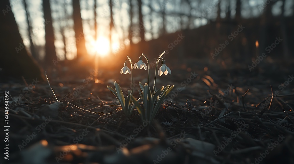 Sunset Snowdrops in the Forest: A Serene Spring Evening Sunset Snowdrops in the Forest: A Serene Spring Evening