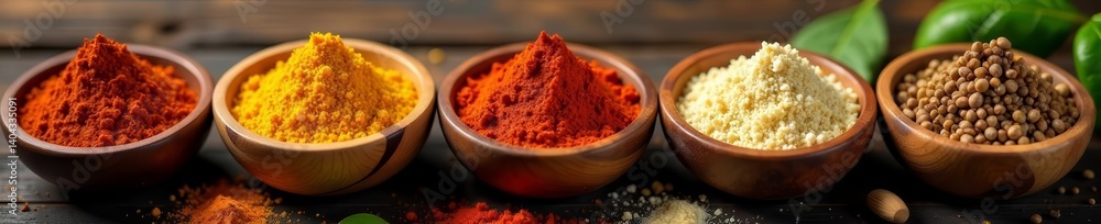 Display of various spice blends in rustic wooden bowls, condiments, ingredients Display of various spice blends in rustic wooden bowls, condiments, ingredients