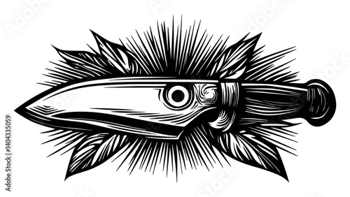 Intricate Engraving of a Dagger Surrounded by Leaves and Sunburst