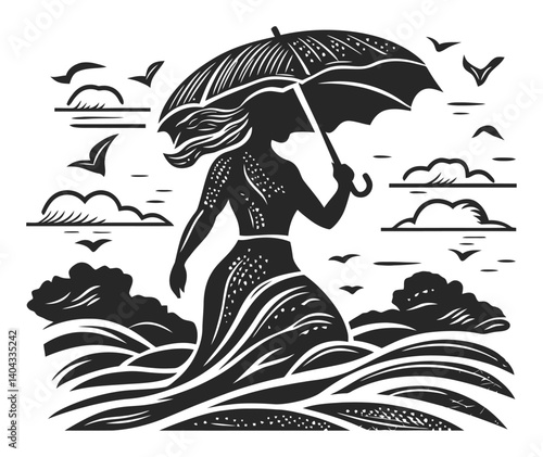 Elegant Woman with Umbrella Walking Through Waves and Clouds