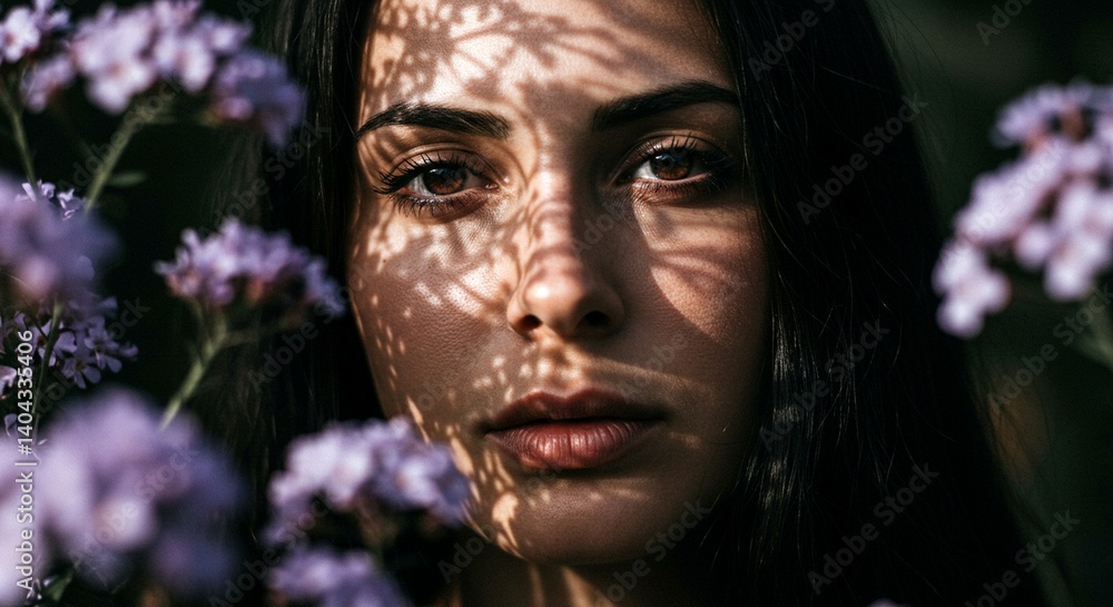 Close-up of a mysterious woman partially lit by a beam of sunlight Close-up of a mysterious woman partially lit by a beam of sunlight