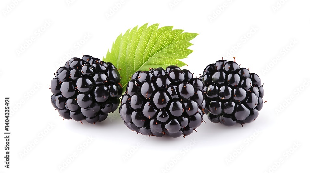 Three Juicy Blackberries with a Fresh Green Leaf Three Juicy Blackberries with a Fresh Green Leaf