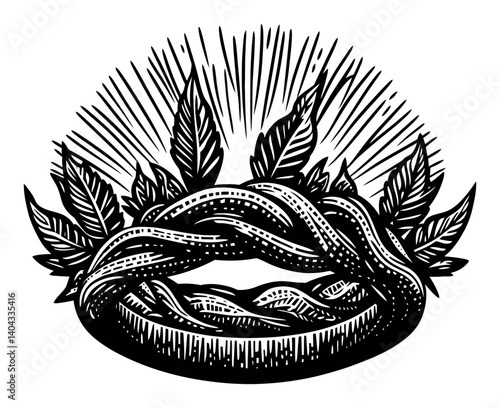 Vintage Engraving of a Decorative Wreath with Leaves and Rays