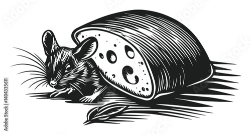 Detailed Black and White Engraving of a Mouse with Cheese Slice