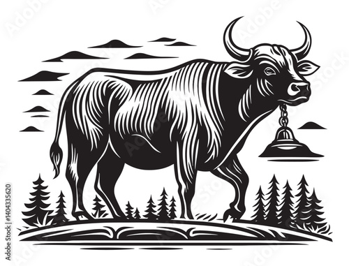Black and White Engraving of a Cow in a Natural Landscape
