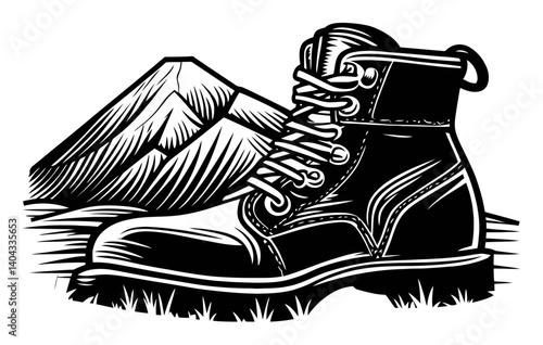 Detailed Engraving of Hiking Boot Against Majestic Mountain Scene