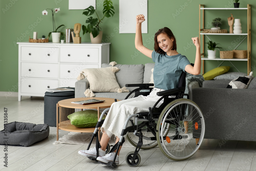 Young pretty woman in wheelchair resting at home