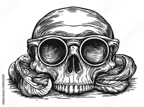 Detailed Engraving of a Skull with Sunglasses on a Stylish Background