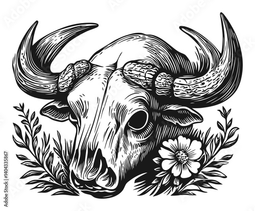Detailed Engraving of a Buffalo Skull Surrounded by Floral Elements