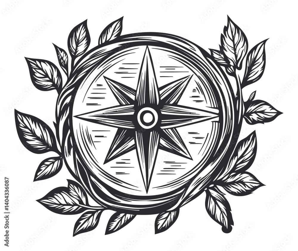 Fototapeta premium Vintage Compass Engraving with Decorative Leaf Elements