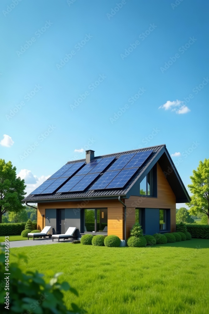 Modern eco friendly house with solar panels on rooftop against blue sky, technology, modern, eco Modern eco friendly house with solar panels on rooftop against blue sky, technology, modern, eco