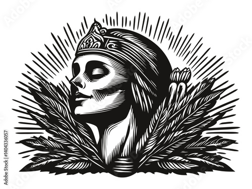 Elegant Woman Profile Engraving Surrounded by Floral Elements