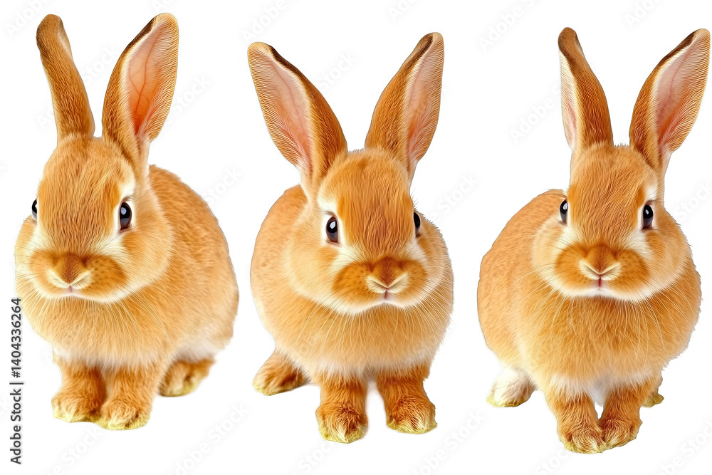 Fototapeta premium Three Brown Rabbits in a Group on Transparent Background Photo