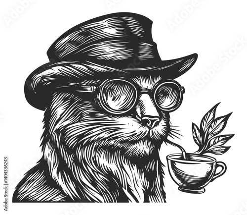 Vintage Cat with Hat and Glasses Enjoying a Cup of Tea Engraving