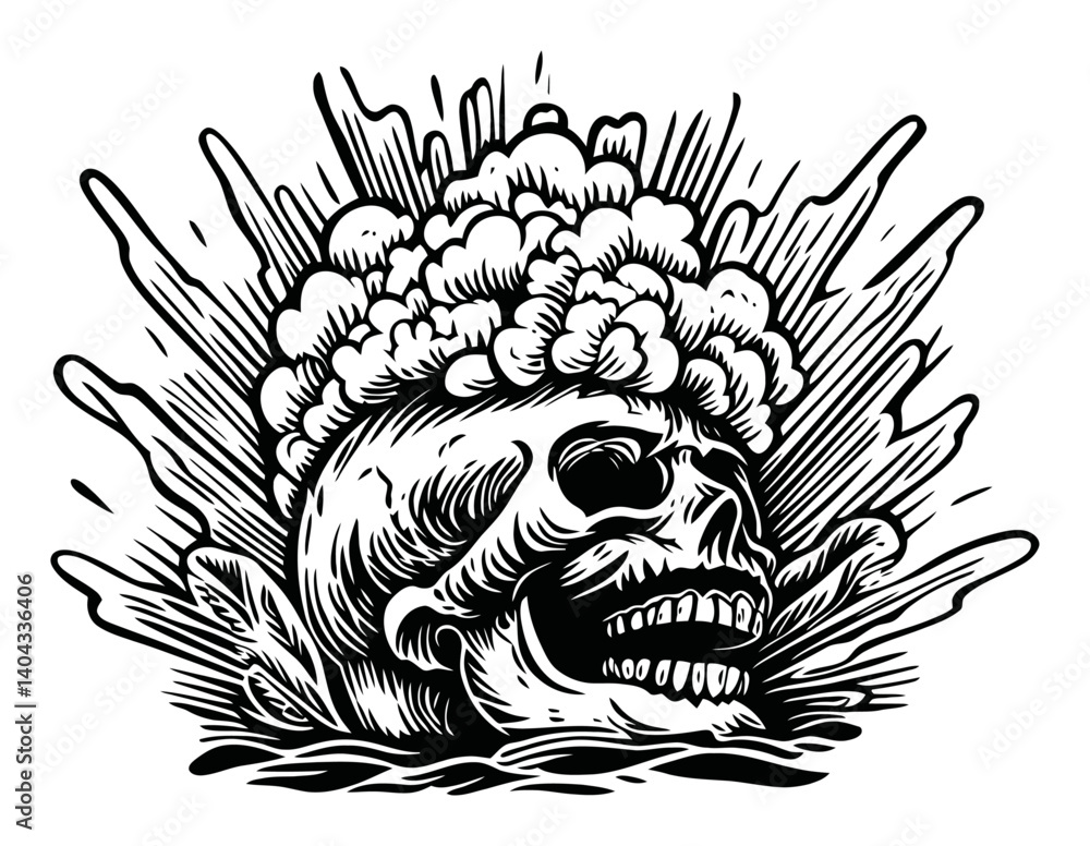Detailed Engraving of Skull with Explosive Cloud Design Detailed Engraving of Skull with Explosive Cloud Design