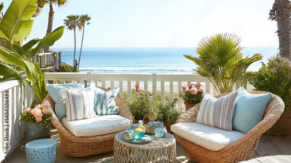 Fototapeta premium Breezy beachfront patio decorated with pastel cushions and natural textures