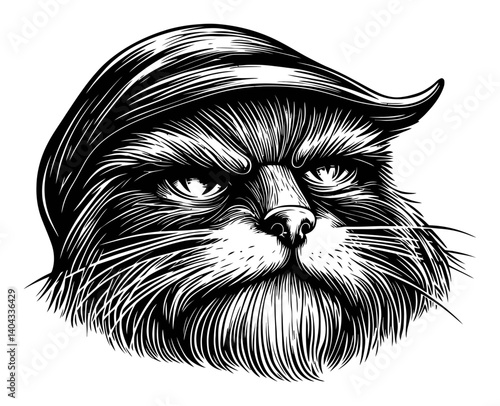 Detailed Engraving of a Cat with a Hat in Black and White Style