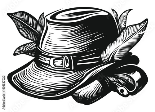 Detailed Engraving of a Classic Hat with Feathers and Scrolls