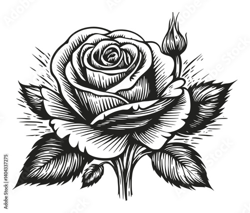 Detailed Black and White Engraving of a Rose Flower Design