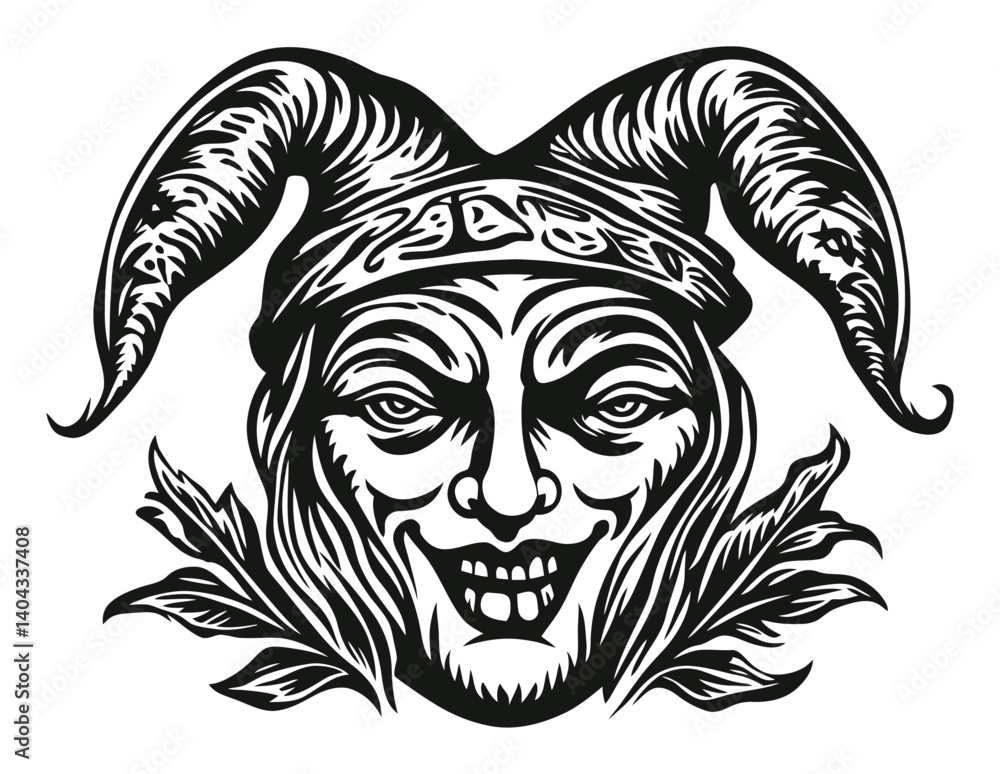 Intricate Engraved Joker Mask with Horns and Leaf Motifs Intricate Engraved Joker Mask with Horns and Leaf Motifs