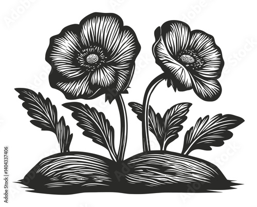 Black and White Floral Engraving of Two Stylized Flowers