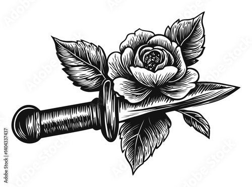 Detailed Engraving of a Knife with a Rose and Leaves Design