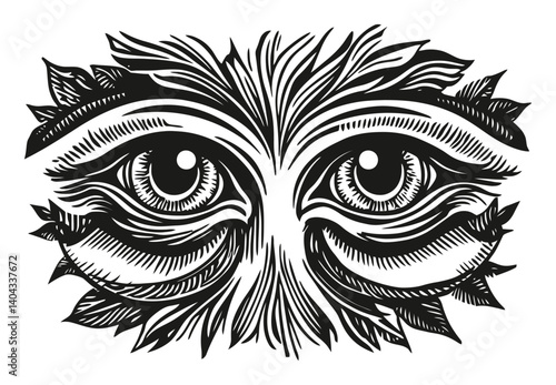 Intricate Engraved Eyes Surrounded by Leafy Design Elements