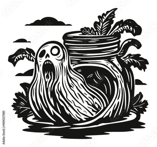 Spooky Ghost Emerging from a Jar with Whimsical Engraving Design