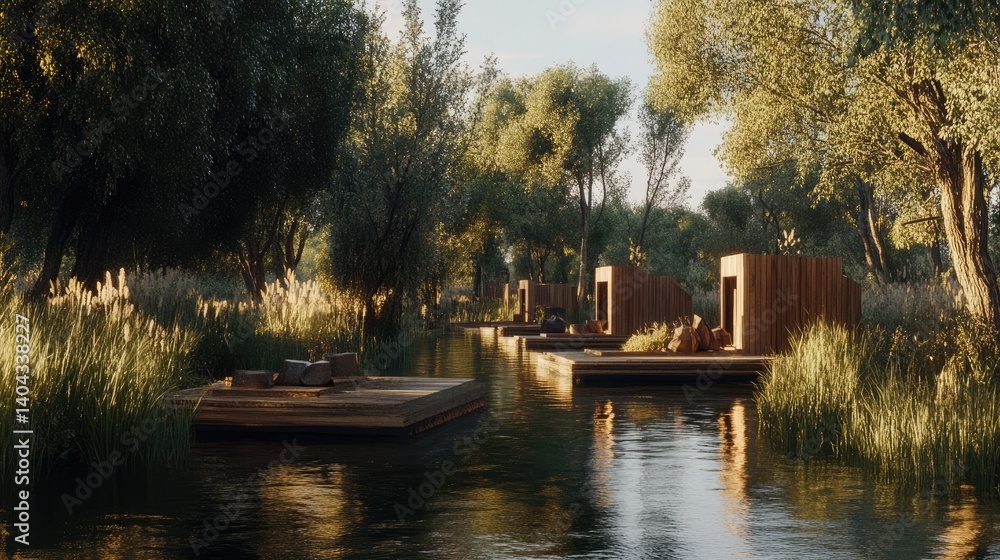 Obraz premium Long boardwalk stretching over water connecting raft rooms surrounded by trees