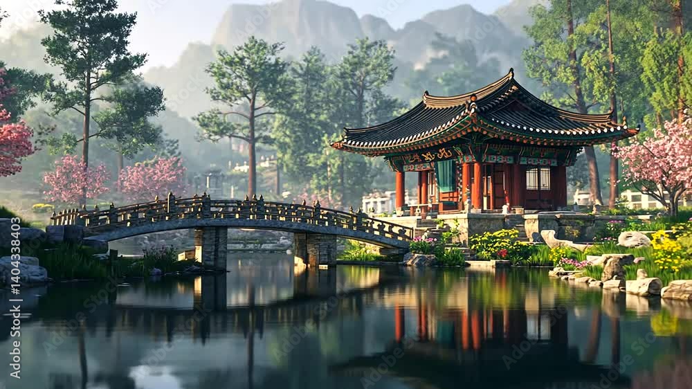Serene Asian garden with a traditional pavilion and bridge surrounded by cherry blossoms Serene Asian garden with a traditional pavilion and bridge surrounded by cherry blossoms
