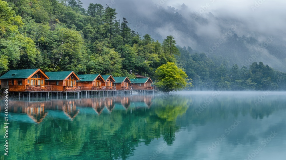 Obraz premium Morning mist over emerald water with cabins reflected in still surface