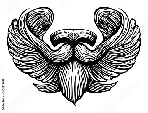 Ornate Engraving of a Stylized Mustache with Wings and Flourishes