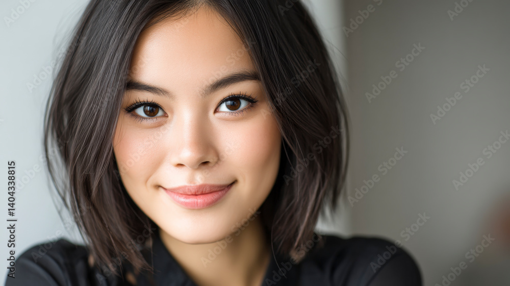 Portrait of a smiling young woman with bobbed hair and a black top, exuding warmth and confidence. Portrait of a smiling young woman with bobbed hair and a black top, exuding warmth and confidence.