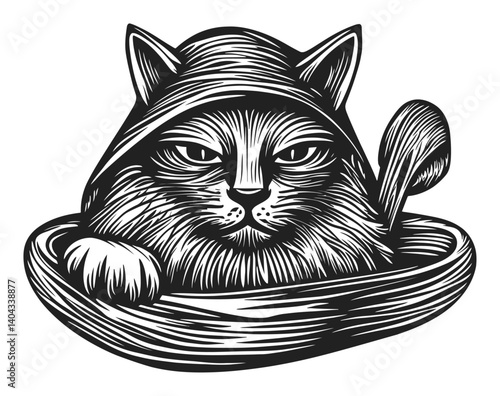 Detailed Engraving of a Cat Wearing a Hat in a Cozy Basket