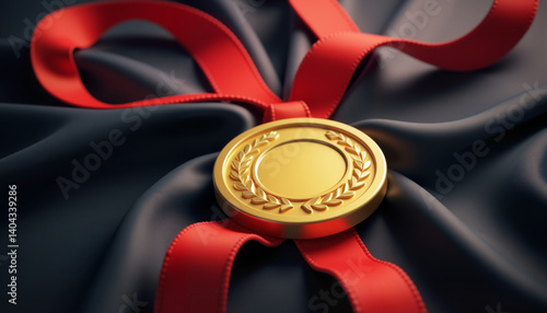 Gold Medal with Red Ribbon on Black Fabric  